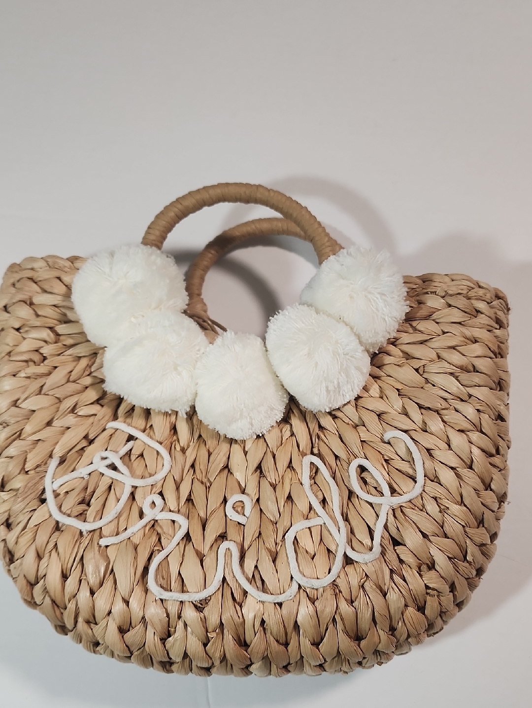 Bride Boho Woven Straw Bag With Pom Pom Accent